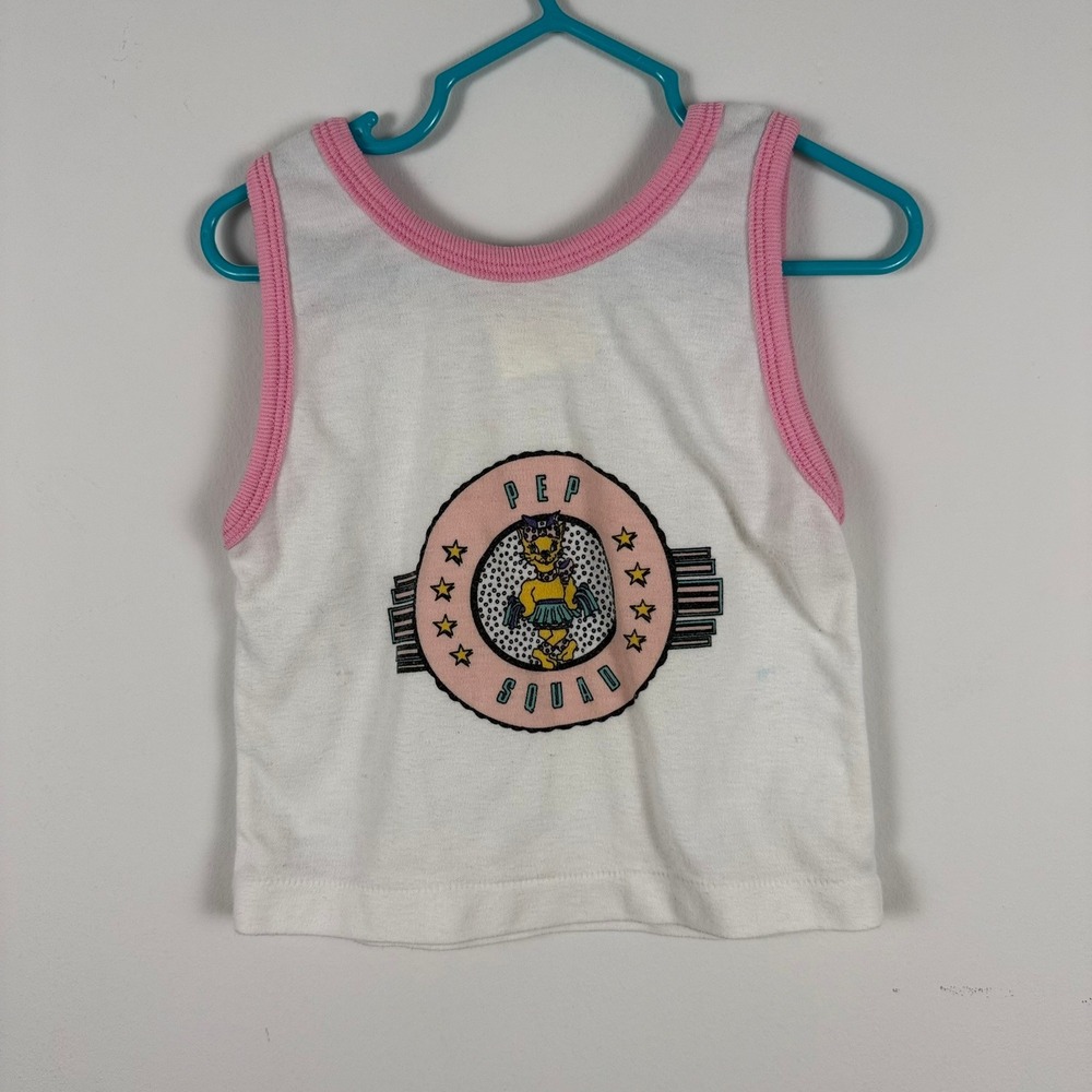 Vintage 90s Kids Pep Squad Cheerleader Cat Tank Top White Pink Ringer Size 3